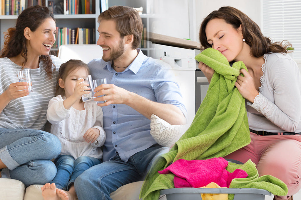 Family enjoying filtered water and woman with softened towels
